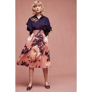 Black Halo Grand Floral Skirt Size 2 Pink Midi Pockets Fit Flare Anthropologie
